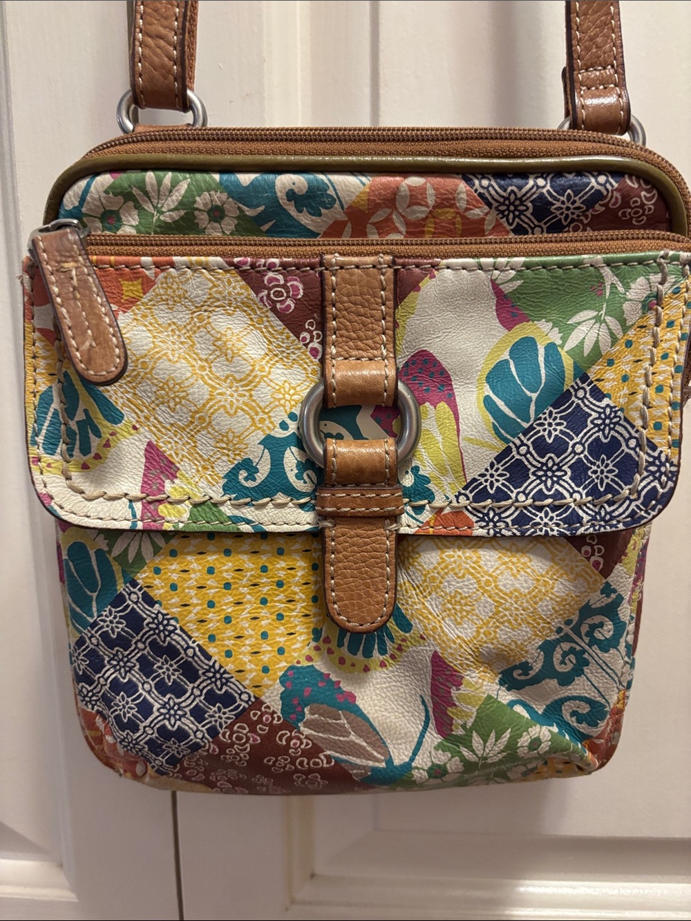 Fossil Multicolor Patchwork Crossbody with Tan Leather Trim